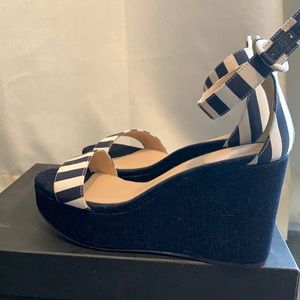J Crew Wedge Sandals, Striped ivory and dark denim